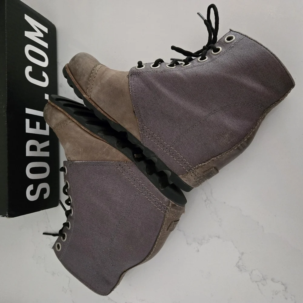 Sorel PDX Lexie Leather Canvas Wedge Lace-Up Ankle Boot Gray Brown Size 8.5 - Picture 6 of 9